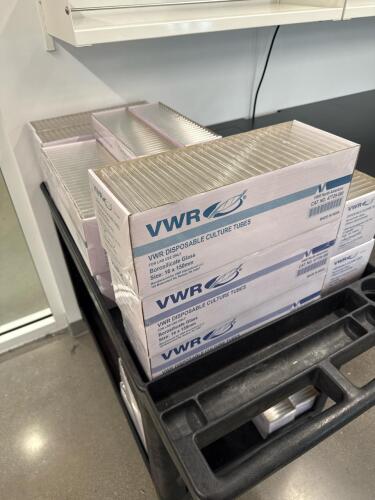Large Lot Laboratory Glassware Set: VWR Borosilicate Tubes, Flasks, Beakers, Bottles, Cylinders